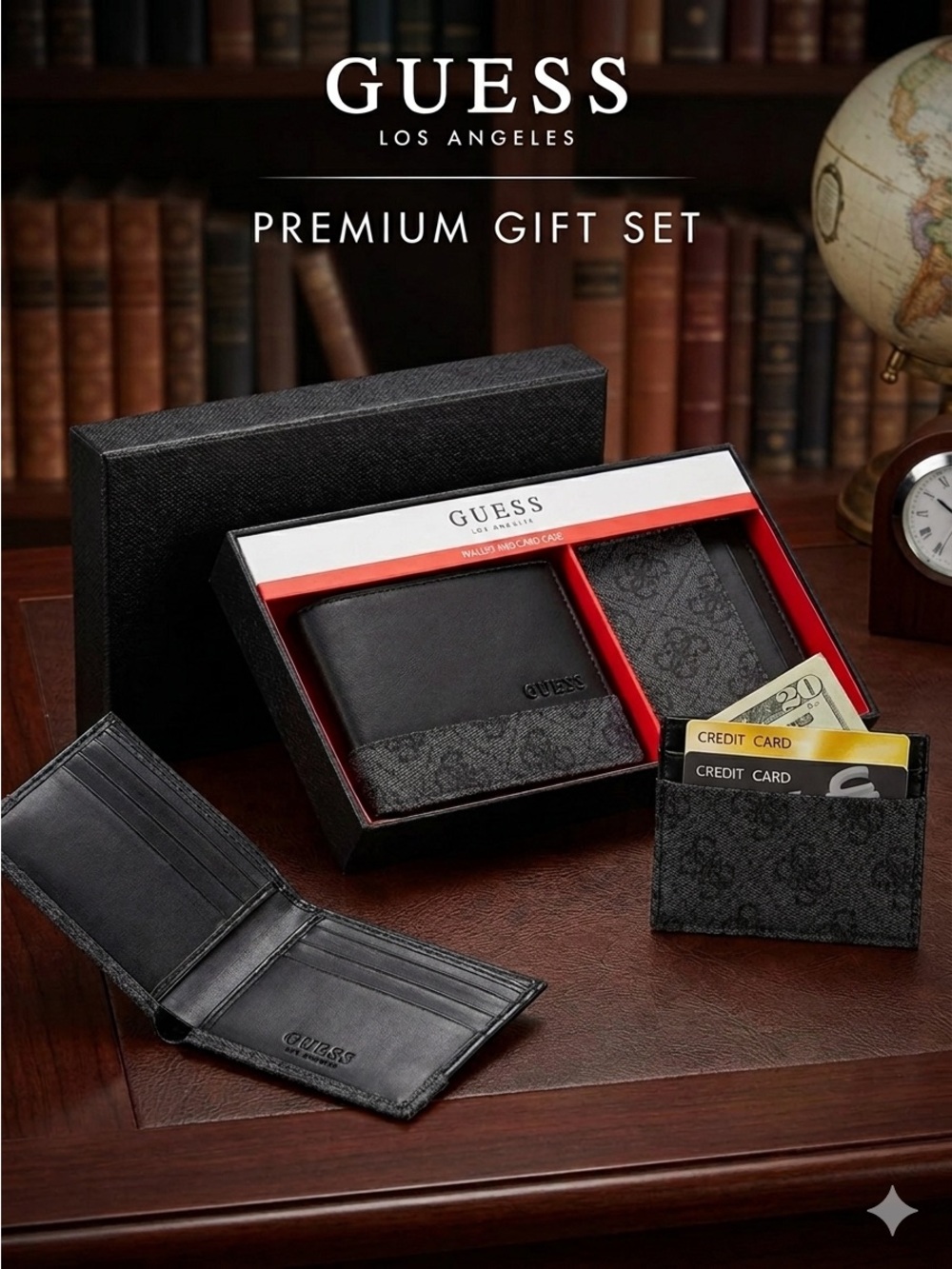 GUESS Black Leather Men's Wallet & Card Holder Gift Set new with box